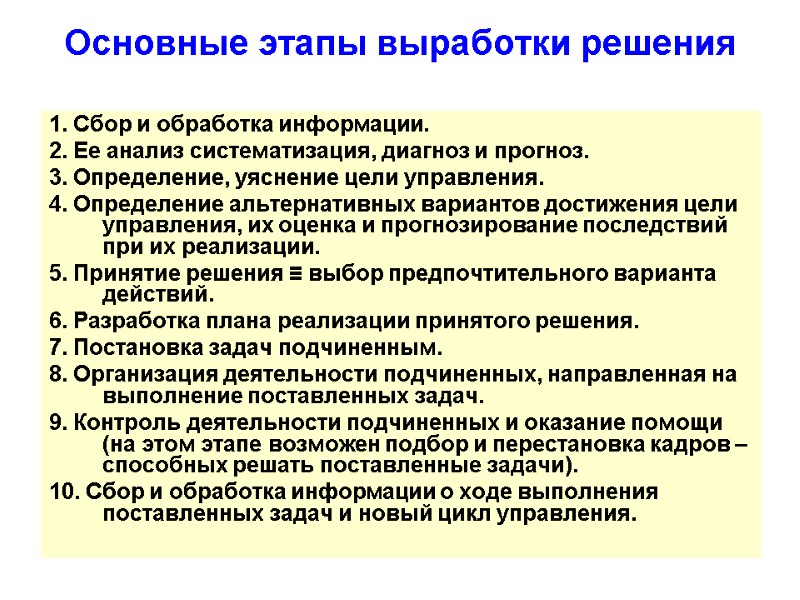 Основные этапы выработки решения 1. Сбор и обработка информации. 2. Ее анализ систематизация, диагноз